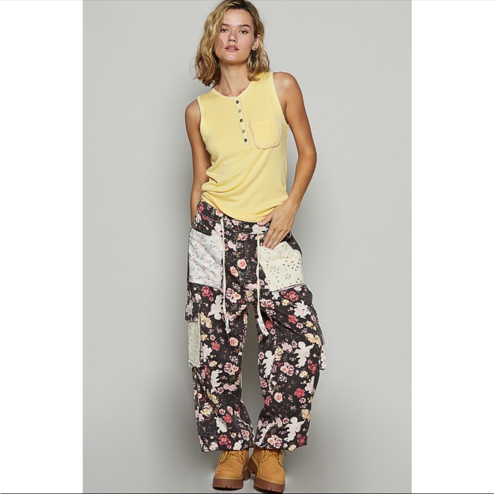 POL Floral Patchwork Drawstring Jogger Pants - Black Base with Pastel Patches